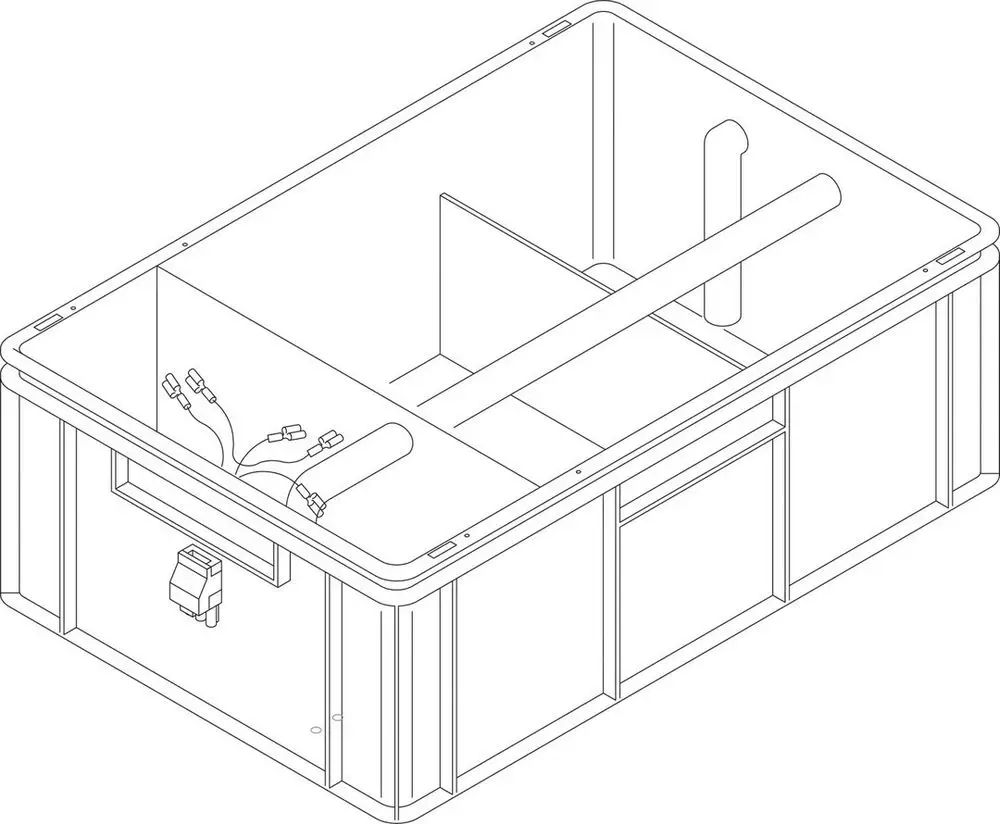 Bosch Behälter mit Innenstruktur, zwei Druckschaltern und Kabelverbindungen, geeignet für technische Anwendungen. Übersichtliche Anordnung der Komponenten.